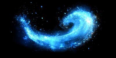 Blue particles accumulate and swirl into a fluid wave shape, glowing softly in the darkness, creating a mesmerizing and ethereal visual experience that enchants the senses. photo