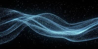 Flowing waves of blue particles cluster and dance, creating an ethereal effect against a deep black background, illuminated by a gentle glow that enhances their dynamic movement. photo