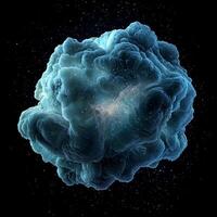 A captivating display of blue particles takes shape, swirling into a nebula that glows softly against a limitless black expanse, captivating the imagination. photo