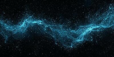 A mesmerizing display of blue particles gracefully coalesce to form a flowing wave amidst a dark backdrop, radiating soft light and delivering an otherworldly ambiance. photo