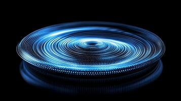 Scattered blue dots create a luminous spiral against a dark canvas, showcasing varying sizes and brightness, embodying a cosmic and abstract aesthetic with soft glows. photo