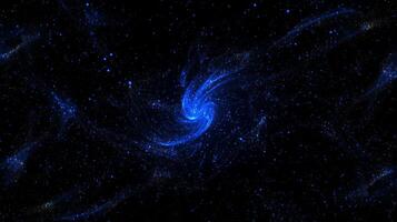 Particles of varying sizes and brightness create a captivating spiral pattern, glowing softly in blue hues against a deep black background, evoking a cosmic wonder. photo