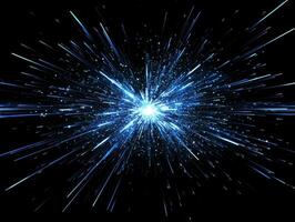 A vivid burst of blue particles and dots radiates outward, creating a stunning visual effect. The striking contrast emphasizes the movement, energy, and explosive nature of the design. photo