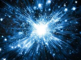 An extraordinary blue particle explosion emerges, creating a brilliant glowing sphere of light photo