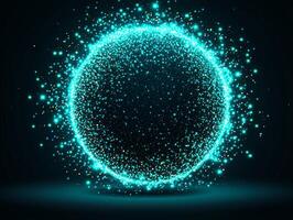 A stunning blue particle explosion forms a radiant sphere of light, with particles bursting outward into the darkness, evoking a sense of cosmic power and energy. photo