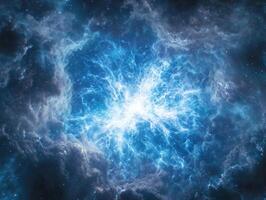 A mesmerizing blue particle explosion generates a glowing sphere of light, with radiant particles expanding outward, evoking a sense of cosmic wonder and energy. photo