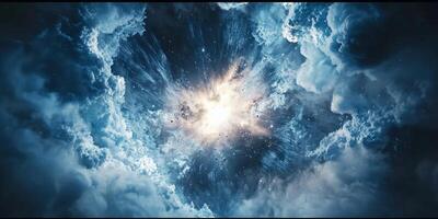 Experience the breathtaking moment of a blue particle explosion as vibrant particles burst from a radiant core, illuminating the cosmic void with a magnificent glow and dynamic energy. photo
