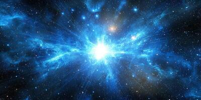 A captivating burst of blue particles emanates from a brilliant core, creating waves of glowing light and cosmic dust that dance across the dark expanse of space. photo