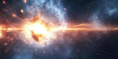 Witness an extraordinary blue particle explosion with a luminous core, unleashing waves of light and dust that create an awe-inspiring cosmic spectacle in space. photo
