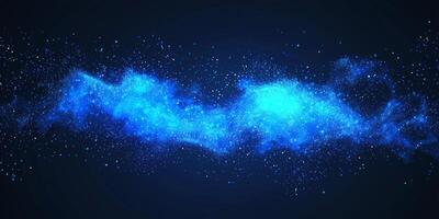 A stunning blue particle explosion bursts forth from a bright core, with particles radiating outward. The dynamic display glimmers, forming waves of glowing light and cosmic dust. photo