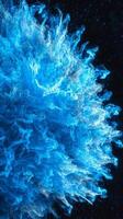 A mesmerizing blue particle explosion unfolds, with glowing, ethereal particles radiating outward, creating a captivating wave of shimmering light in a cosmic setting. photo