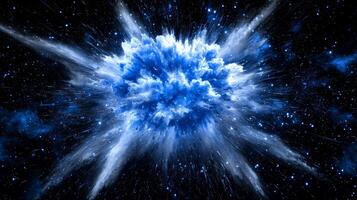 Vibrant blue particles burst forth in a powerful display, radiating and dispersing into fine dust against the stark black of space, captivating the viewer. photo