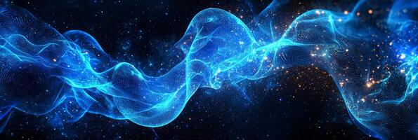 A mesmerizing bright blue particle explosion radiates energy, dispersing waves and shimmering dust throughout the cosmic expanse, set against a stark black background. photo