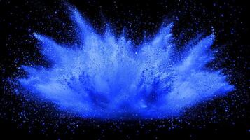 Vibrant blue particles burst forth in a stunning explosion, glowing brightly as they radiate into space, dispersing into fine, shimmering dust amidst a dark background. photo