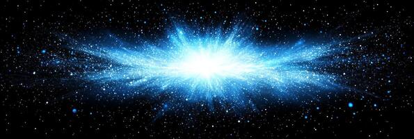 Radiating from the center, a vivid blue particle explosion creates a dynamic wave of energy, dispersing shimmering dust in every direction against a dark cosmic expanse. photo