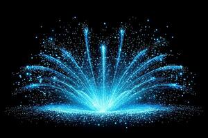 A vibrant burst of blue particles radiates from the core, scattering glowing trails and dust in every direction, crafting an otherworldly spectacle against the darkness. photo