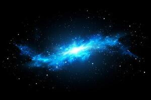 A vibrant core emits an explosion of electric blue particles, scattering glowing trails and dust throughout the black void. The radiant display resembles a cosmic phenomenon bursting into life. photo