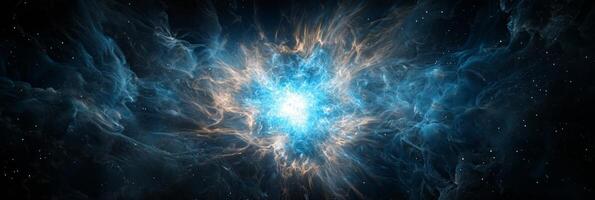 A vibrant blue particle explosion unleashes a wave of shimmering energy and glowing dust from the center, illuminating the dark void of space with its brilliance. photo