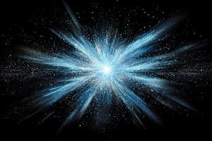 A vibrant explosion of blue particles originates from a brilliant core, scattering glowing trails and cosmic dust in all directions, creating a stunning visual experience. photo