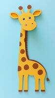 tall giraffe crafted from vibrant yellow and brown paper stands gracefully against a sky-blue backdrop, capturing a playful safari theme in a minimalist design. photo