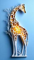 tall and graceful giraffe depicted in unique paper cut-out style stands proudly against a calm sky-blue background, capturing a playful safari charm. photo
