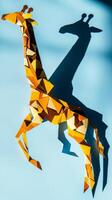 tall giraffe crafted from yellow and brown paper cut-outs features its long neck and unique spots. It casts a soft shadow in midday light, perfect for children's decor. photo