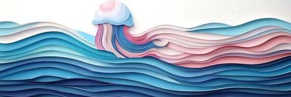 beautiful jellyfish drifts in the ocean, its stunning bell and flowing tentacles crafted from layered paper in shades of blue, pink, and white against a light aqua backdrop. photo