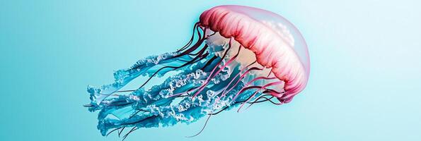 stunning jellyfish dances through tranquil ocean waters, featuring a blend of blue, pink, and white paper textures that depict its elegant tentacles under bright midday light. photo