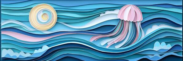 In this creative artwork, a jellyfish floats elegantly in the ocean, with vibrant tentacles crafted from layers of blue, pink, and white paper against a serene aqua backdrop. photo