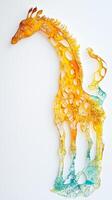 tall and elegant giraffe crafted from yellow and brown paper stands in profile, showcasing its distinctive spots and graceful neck, set against a calming sky-blue background. photo
