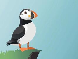 delightful puffin stands proudly on a grassy cliff, crafted in a paper cut-out style. Its black, white, and orange layers add charm, complemented by a soft blue background under afternoon light. photo