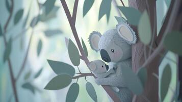 playful depiction of a koala and its baby, intricately crafted in paper style, nestled together on a eucalyptus tree amidst soft morning light and gentle green leaves. photo