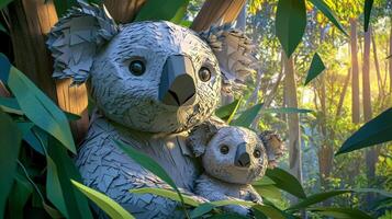 In a charming portrayal, a parent koala and its baby cling affectionately to a eucalyptus tree, showcasing their bond amidst vibrant green leaves and a serene light blue background. photo