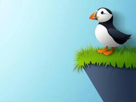 colorful puffin, crafted in a paper cut-out style, perches on a grassy ledge, basking in the warm afternoon light, embodying coastal charm and artistic flair. photo