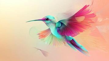stunning representation of a hummingbird designed in an abstract paper style, featuring dynamic layers in greens, blues, and pinks against a light pastel background, evoking a sense of flight. photo
