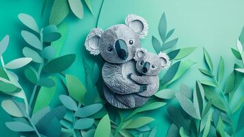 heartwarming depiction of a parent koala and its baby, intricately designed in paper art, clinging lovingly to a eucalyptus tree with soft morning light illuminating the scene. photo