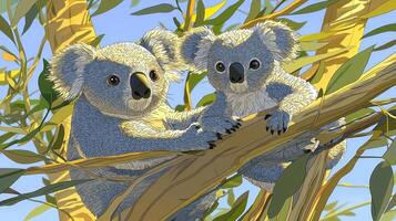 parent koala clings lovingly to its baby on a eucalyptus tree, both crafted from grey and white paper, embraced by bright morning light in a playful, child-friendly design. photo
