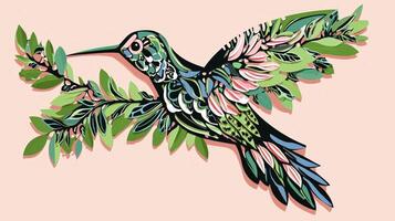 hummingbird displays a graceful spread of wings, adorned with detailed paper cut-outs in green, blue, and pink. Its vibrant design captures a sense of lively motion. photo