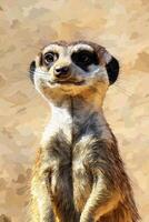 charming meerkat stands on alert, showcasing intricate layers of tan and brown paper. The whimsical artwork captures the essence of African wildlife in midday light against a light beige background. photo