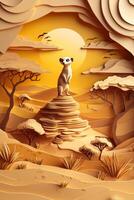 playful meerkat stands watchfully atop a textured rock, surrounded by a whimsical desert landscape filled with warm tones. The midday light highlights its alert stance against a light beige sky. photo