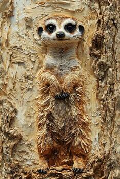 delightful meerkat stands alert, crafted from textured layers of tan and brown paper against a light beige backdrop. The whimsical desert elements complement its watchful pose. photo