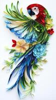colorful parrot takes flight, its wings a blend of green, blue, and red paper, against a bright tropical background, radiating energy and charm. photo