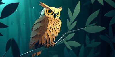 enchanting owl rests on a branch, created from textured layers of paper. The large eyes glow brightly, set against a dark green, moonlit forest, capturing a magical nighttime essence. photo