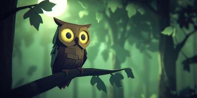 intricately crafted owl sits gracefully on a branch, its large yellow eyes wide open against a dark green background that mimics a serene forest under the glow of moonlight. photo