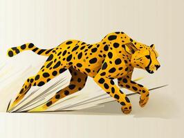 artwork showcases a cheetah in full sprint, crafted with yellow and black paper against a light beige background, embodying the essence of African wildlife at midday. photo