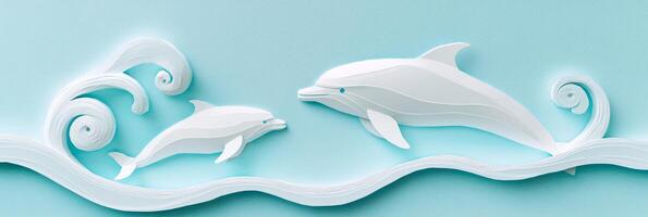 Soft morning light illuminates a tender moment as a dolphin and calf glide through layered paper waves, showcasing an enchanting oceanic experience. photo