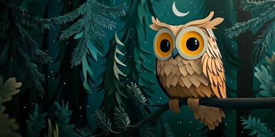 enchanting owl sits contently on a branch, its large yellow eyes gleaming in the moonlight. Surrounded by shadowy green trees, the nocturnal charm evokes a gentle storybook setting. photo