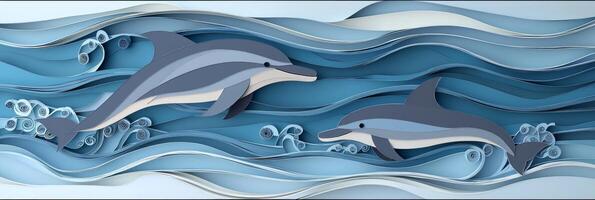 charming depiction of a dolphin and its calf gracefully swimming through layered waves of grey and blue paper, illuminated by gentle morning light in a serene ocean setting. photo
