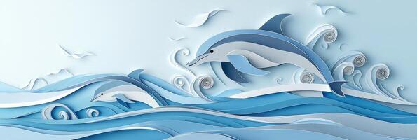 playful dolphin and its calf swim gracefully through azure waves, surrounded by curling white paper, evoking a serene underwater atmosphere in gentle morning light. photo