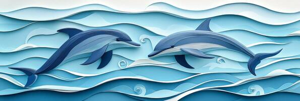 mother dolphin and her calf glide through shimmering blue waters, their fluid movements captured beautifully in a delicate paper art style. The soft morning light enhances the tranquil atmosphere. photo